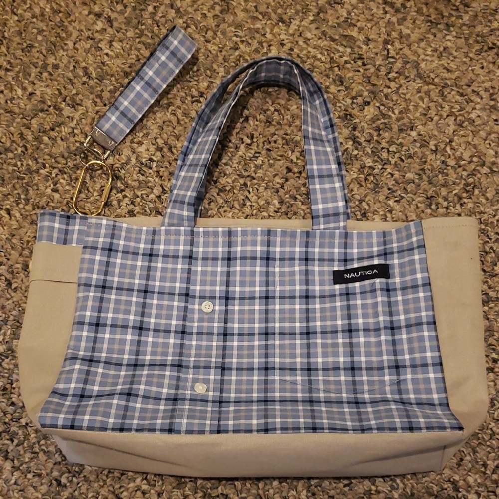 Nautica Blue and Tan Plaid Tote Bag.  Handcrafted With Matching Key Lanyard